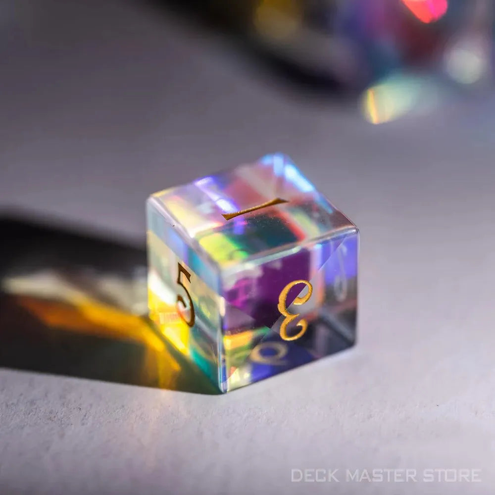 “Prismatic Enchantment” Dichroic Glass Polyhedral Gemstone Dice Set for DnD and RPG Games