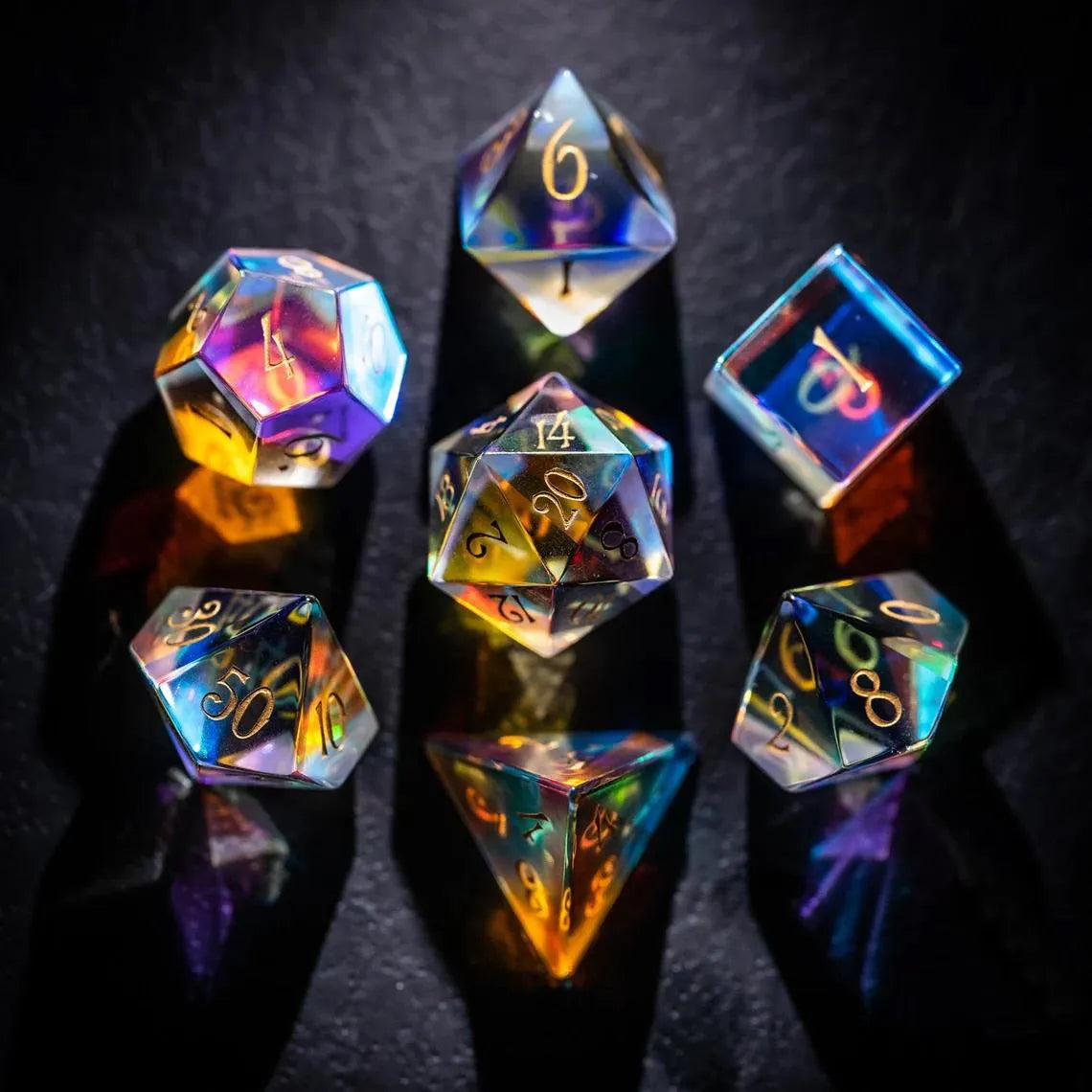 “Prismatic Enchantment” Dichroic Glass Polyhedral Gemstone Dice Set for DnD and RPG Games