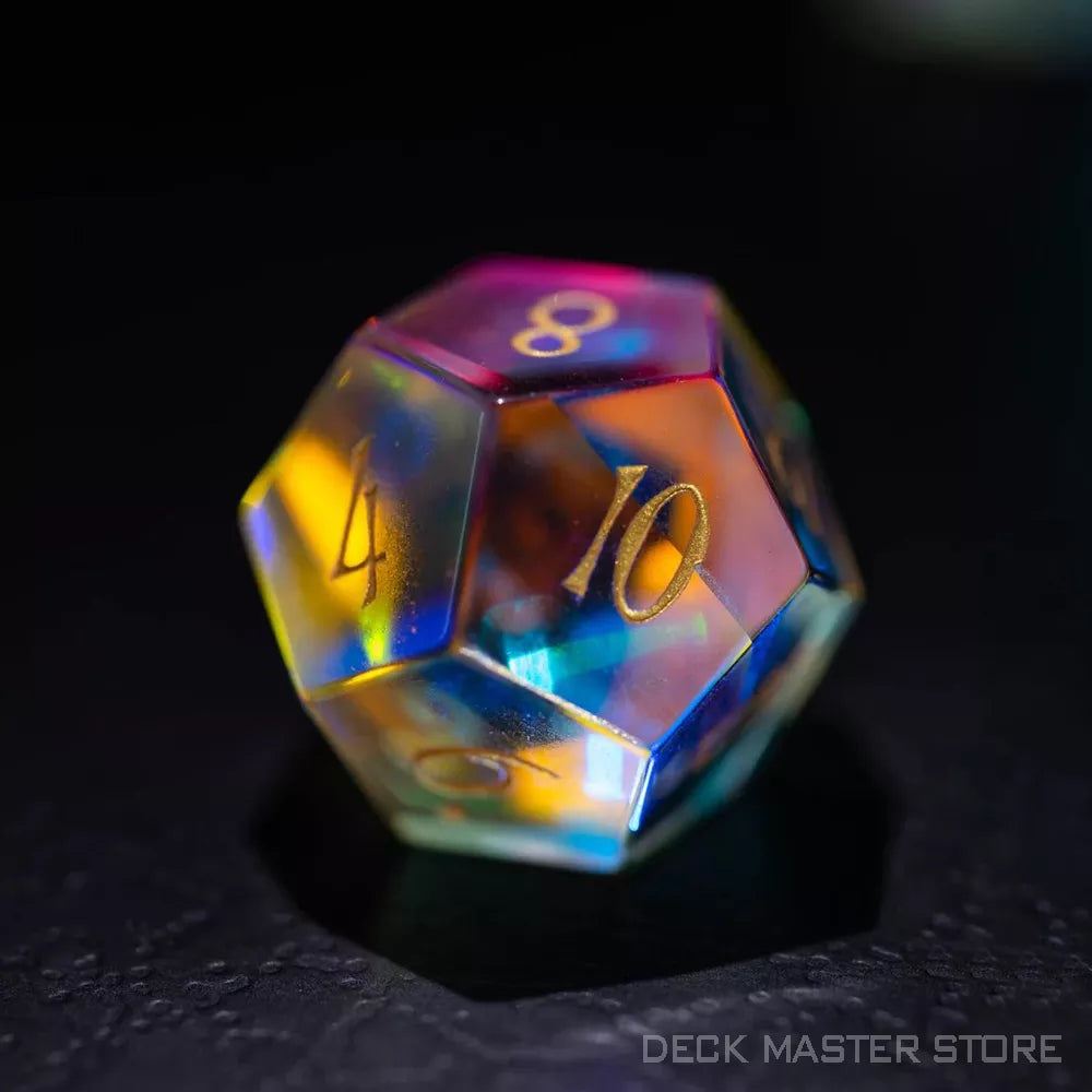 “Prismatic Enchantment” Dichroic Glass Polyhedral Gemstone Dice Set for DnD and RPG Games