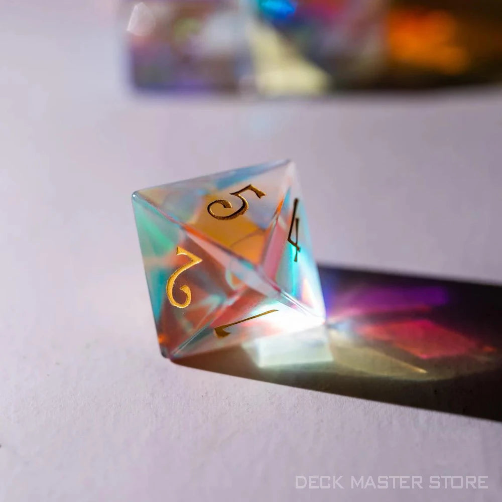 “Prismatic Enchantment” Dichroic Glass Polyhedral Gemstone Dice Set for DnD and RPG Games