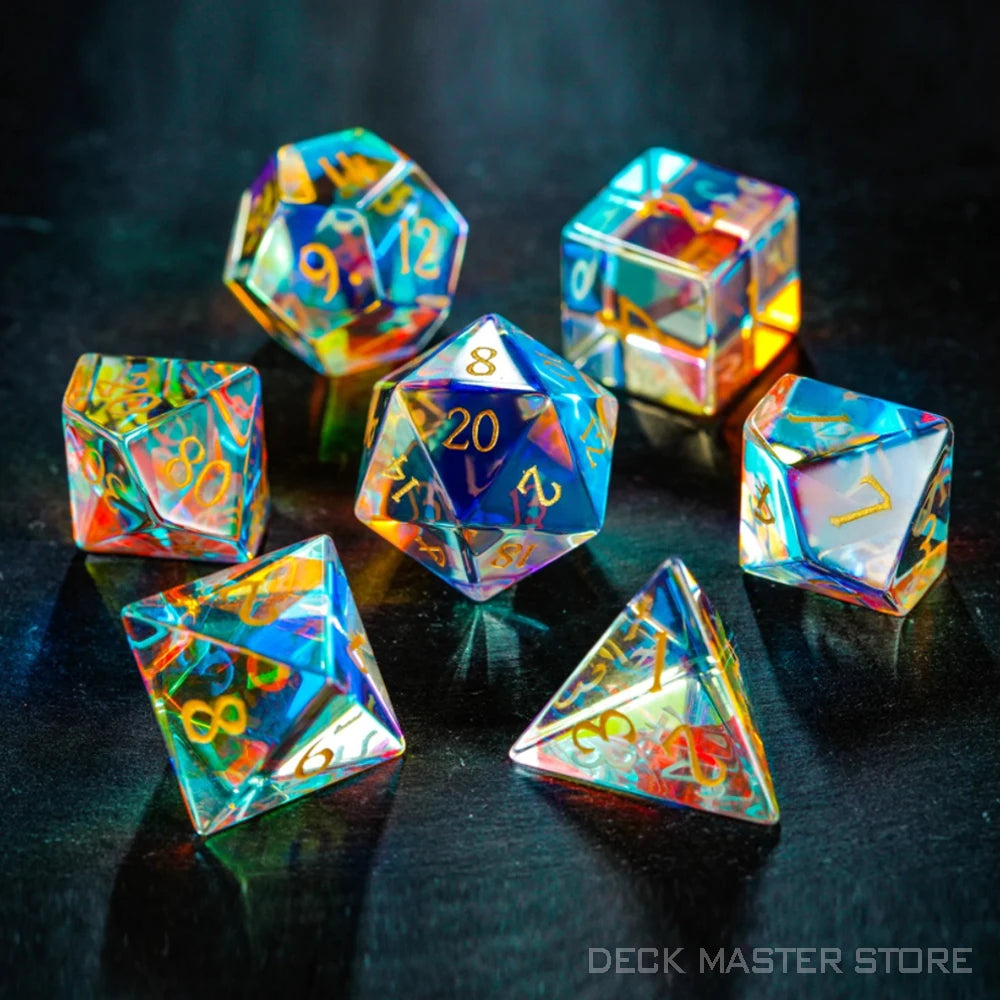 “Prismatic Enchantment” Dichroic Glass Polyhedral Gemstone Dice Set for DnD and RPG Games