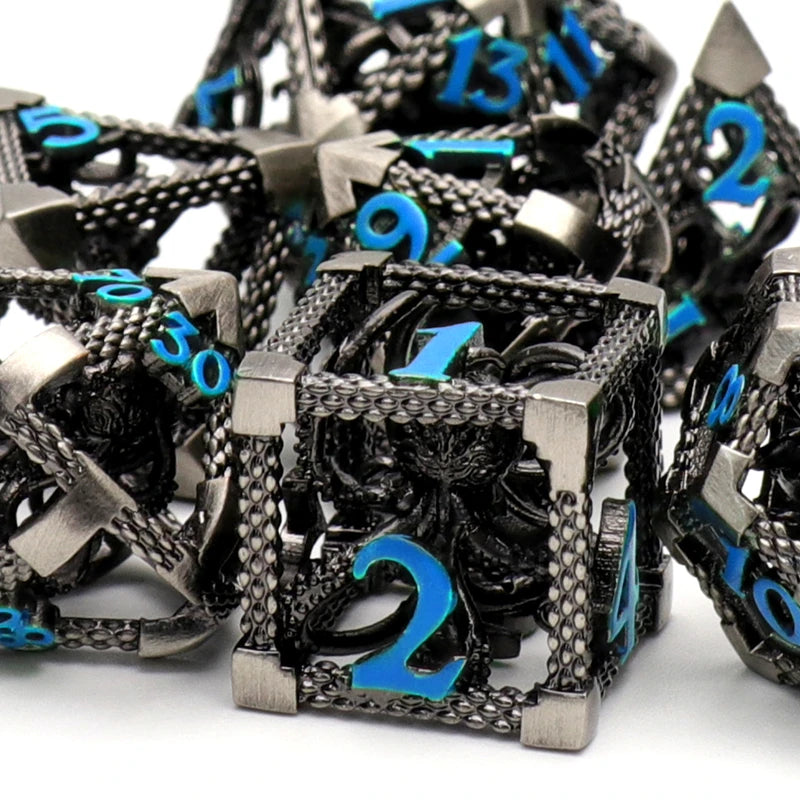 Psionic Surge Mindflayer Dice Set - Metal Illithid Series for D&D Black Iron Blue